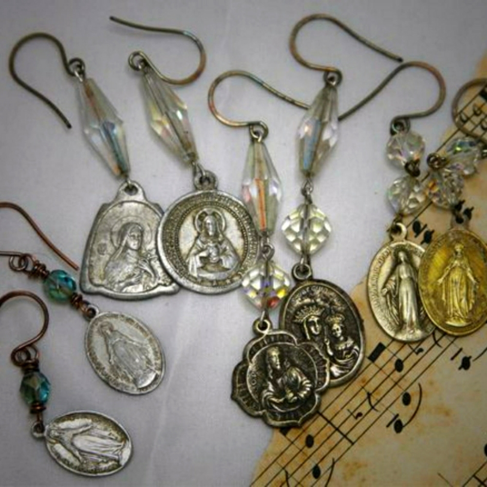 Artisan Handmade Earrings with Antique Religious Medals and Swarvoski Crystals